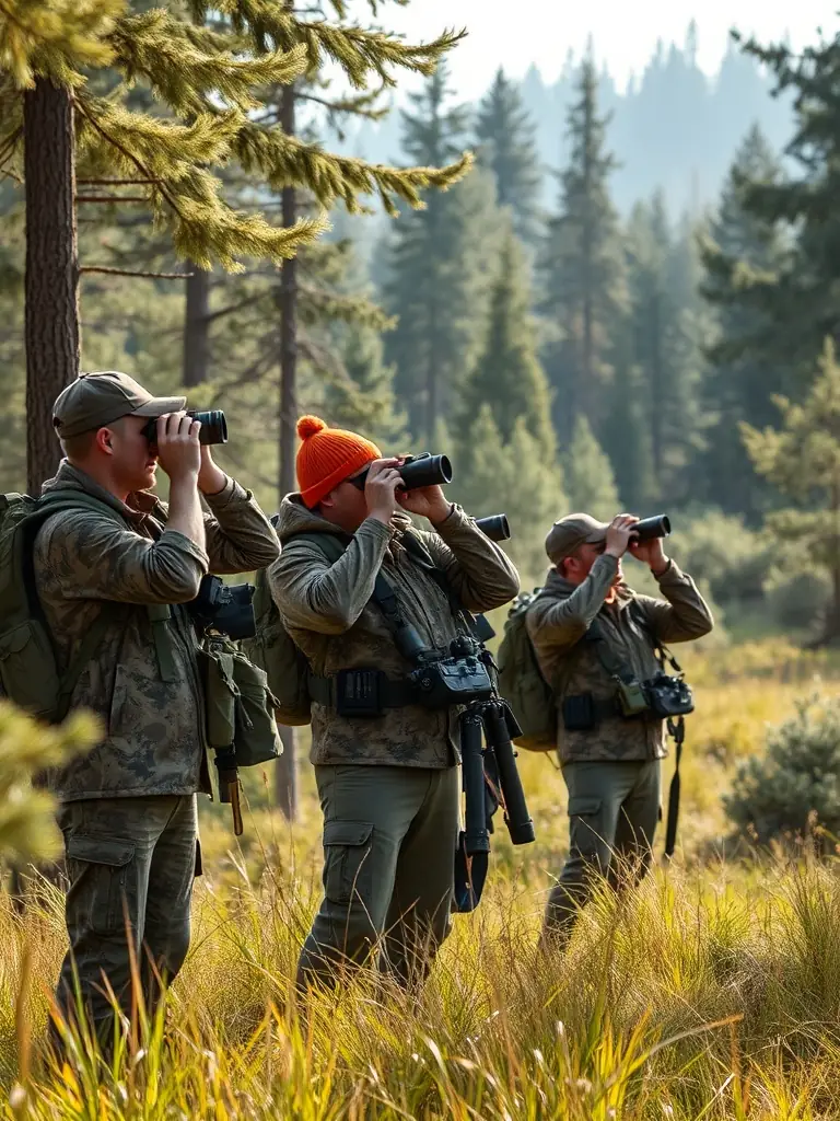 A photograph of a training session for young hunters organized by LA MEUTE SIANNE ALAGNON, showing experienced hunters mentoring the next generation in responsible hunting practices.