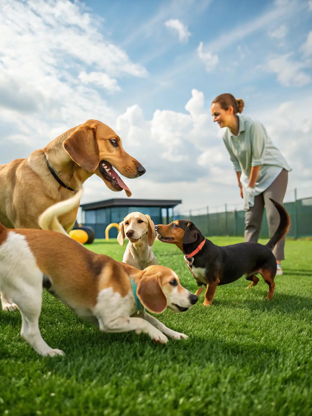 A dynamic image capturing a pack demonstration, showcasing the hounds in action with their handlers in a field during a training session.